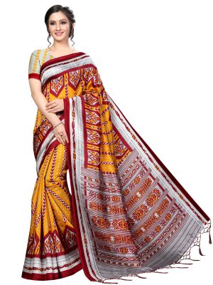 Zara Orange Banarasi Art Silk Printed Saree With Blouse