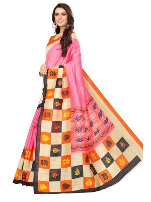 Double Checks Pink Bhagalpuri Silk Printed Saree With Blouse