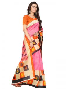 Double Checks Pink Bhagalpuri Silk Printed Saree With Blouse