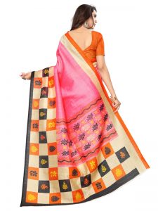 Double Checks Pink Bhagalpuri Silk Printed Saree With Blouse