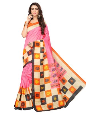 Double Checks Pink Bhagalpuri Silk Printed Saree With Blouse