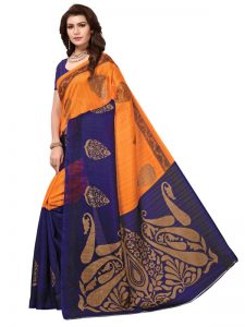 Dulhaniya Blue Bhagalpuri Silk Printed Saree With Blouse