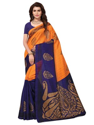Dulhaniya Blue Bhagalpuri Silk Printed Saree With Blouse