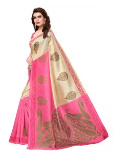 Dulhaniya Pink Bhagalpuri Silk Printed Saree With Blouse