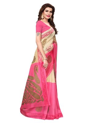 Dulhaniya Pink Bhagalpuri Silk Printed Saree With Blouse
