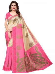 Dulhaniya Pink Bhagalpuri Silk Printed Saree With Blouse