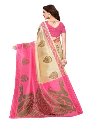 Dulhaniya Pink Bhagalpuri Silk Printed Saree With Blouse