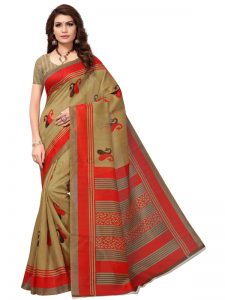 Fish Maroon Bhagalpuri Silk Printed Saree With Blouse