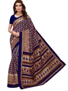 Multi Keri Blue Bhagalpuri Silk Printed Saree With Blouse