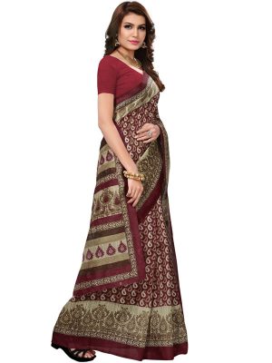 Multi-Keri Maroon Bhagalpuri Silk Printed Saree With Blouse