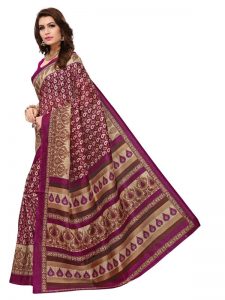 Multi-Keri Wine Bhagalpuri Silk Printed Saree With Blouse