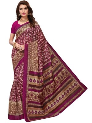 Multi-Keri Wine Bhagalpuri Silk Printed Saree With Blouse