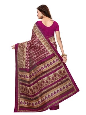 Multi-Keri Wine Bhagalpuri Silk Printed Saree With Blouse