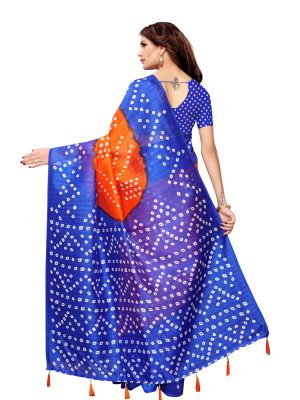 Rajwadi Orange Blue Bhagalpuri Silk Printed Saree With Blouse