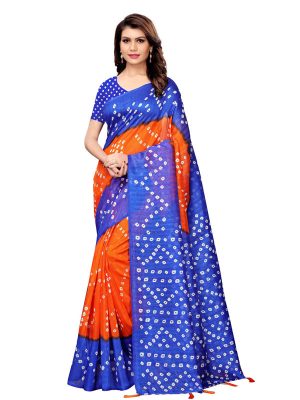 Rajwadi Orange Blue Bhagalpuri Silk Printed Saree With Blouse