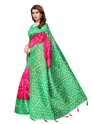 Rajwadi Pink Green Bhagalpuri Silk Printed Saree With Blouse