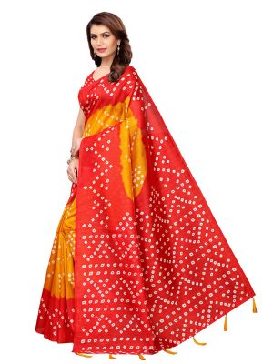 Rajwadi Yellow Red Bhagalpuri Silk Printed Saree With Blouse