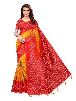 Rajwadi Yellow Red Bhagalpuri Silk Printed Saree With Blouse