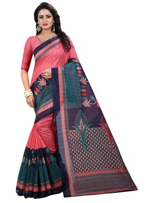 Rosy Checks Bhagalpuri Silk Printed Saree With Blouse