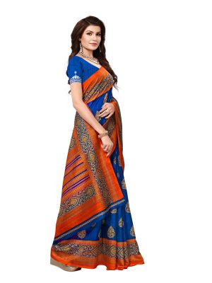 Sampurna Blue Bhagalpuri Silk Printed Saree With Blouse