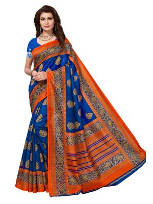 Sampurna Blue Bhagalpuri Silk Printed Saree With Blouse