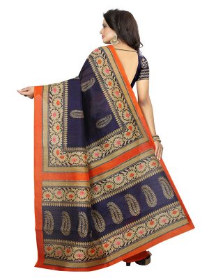 Sampurna Navy Bhagalpuri Silk Printed Saree With Blouse