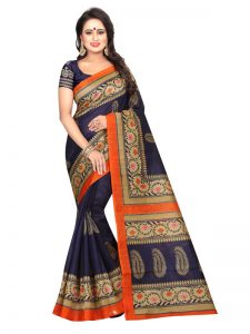 Sampurna Navy Bhagalpuri Silk Printed Saree With Blouse