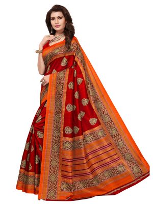 Sampurna Red Bhagalpuri Silk Printed Saree With Blouse