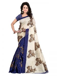 Zamkhudi Blue Bhagalpuri Silk Printed Saree With Blouse