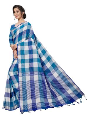Alpha Checks Blue Cotton Polyester Silk Weaving Saree With Blouse