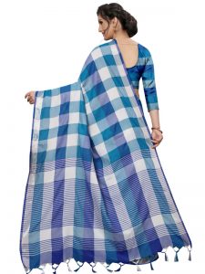 Alpha Checks Blue Cotton Polyester Silk Weaving Saree With Blouse