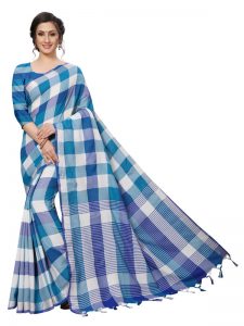 Alpha Checks Blue Cotton Polyester Silk Weaving Saree With Blouse