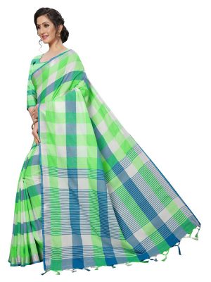 Alpha Checks Green Cotton Polyester Silk Weaving Saree With Blouse