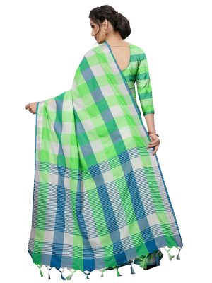 Alpha Checks Green Cotton Polyester Silk Weaving Saree With Blouse