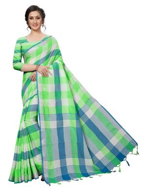 Alpha Checks Green Cotton Polyester Silk Weaving Saree With Blouse