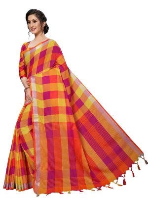 Alpha Checks Magenta Cotton Polyester Silk Weaving Saree With Blouse