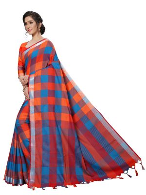 Alpha Checks Orange Cotton Polyester Silk Weaving Saree With Blouse