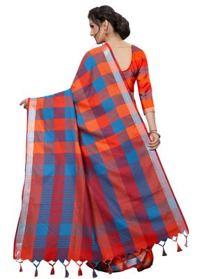 Alpha Checks Orange Cotton Polyester Silk Weaving Saree With Blouse