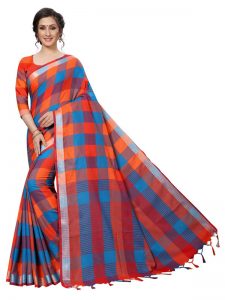 Alpha Checks Orange Cotton Polyester Silk Weaving Saree With Blouse