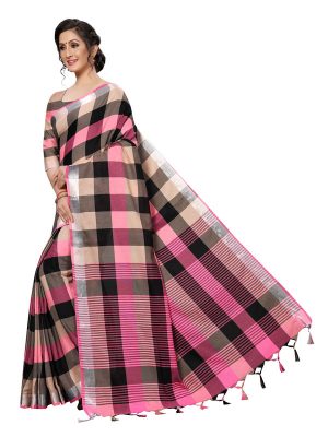 Alpha Checks Pink Cotton Polyester Silk Weaving Saree With Blouse