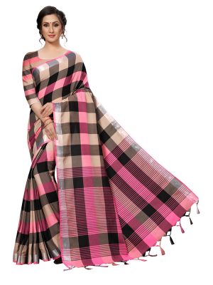 Alpha Checks Pink Cotton Polyester Silk Weaving Saree With Blouse