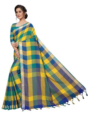 Alpha Checks Yellow Cotton Polyester Silk Weaving Saree With Blouse
