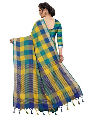 Alpha Checks Yellow Cotton Polyester Silk Weaving Saree With Blouse