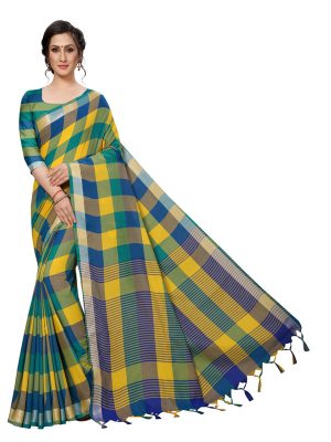 Alpha Checks Yellow Cotton Polyester Silk Weaving Saree With Blouse