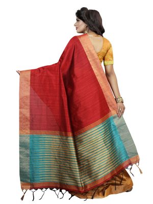 Bahu Red Cotton Polyester Silk Weaving Saree With Blouse