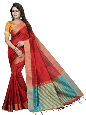 Bahu Red Cotton Polyester Silk Weaving Saree With Blouse
