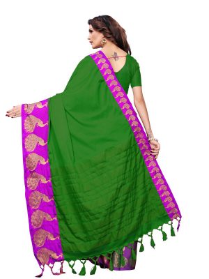 Big Mayur Green Cotton Polyester Silk Weaving Saree With Blouse