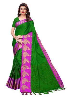 Big Mayur Green Cotton Polyester Silk Weaving Saree With Blouse