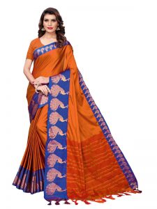 Big Mayur Orange Cotton Polyester Silk Weaving Saree With Blouse