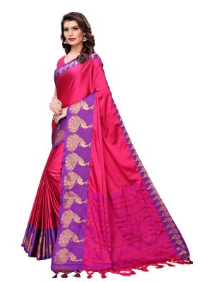 Big Mayur Pink Cotton Polyester Silk Weaving Saree With Blouse